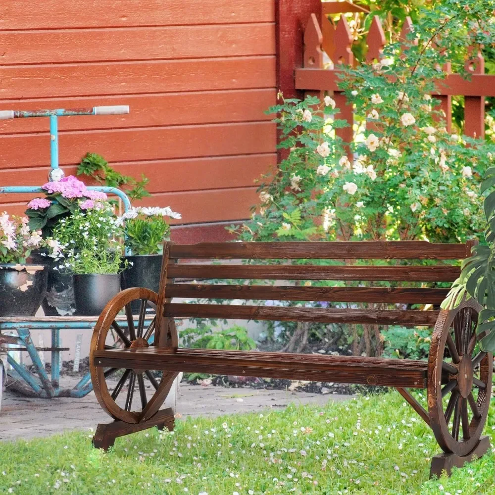 Outdoor Rustic Wooden Bench with Wagon Wheel Arms, 3 People Outdoor Bench Garden Bench Front Porch Furniture Patio Yard Park