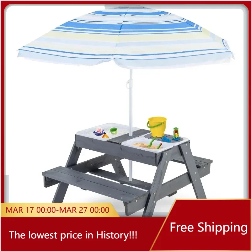 Kids Picnic Table, 4 in 1 Cedar Wooden Sand & Water Table w/ 3 Removable Box & Umbrella, Kids Picnic Tables for Outdoors