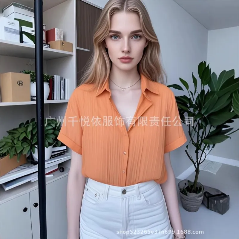 New Korean Fashion Cardigan Top Female Summer Loose Thin Trend Slim Versatile Short Sleeve Lapel Neck Solid Color Women's Shirt
