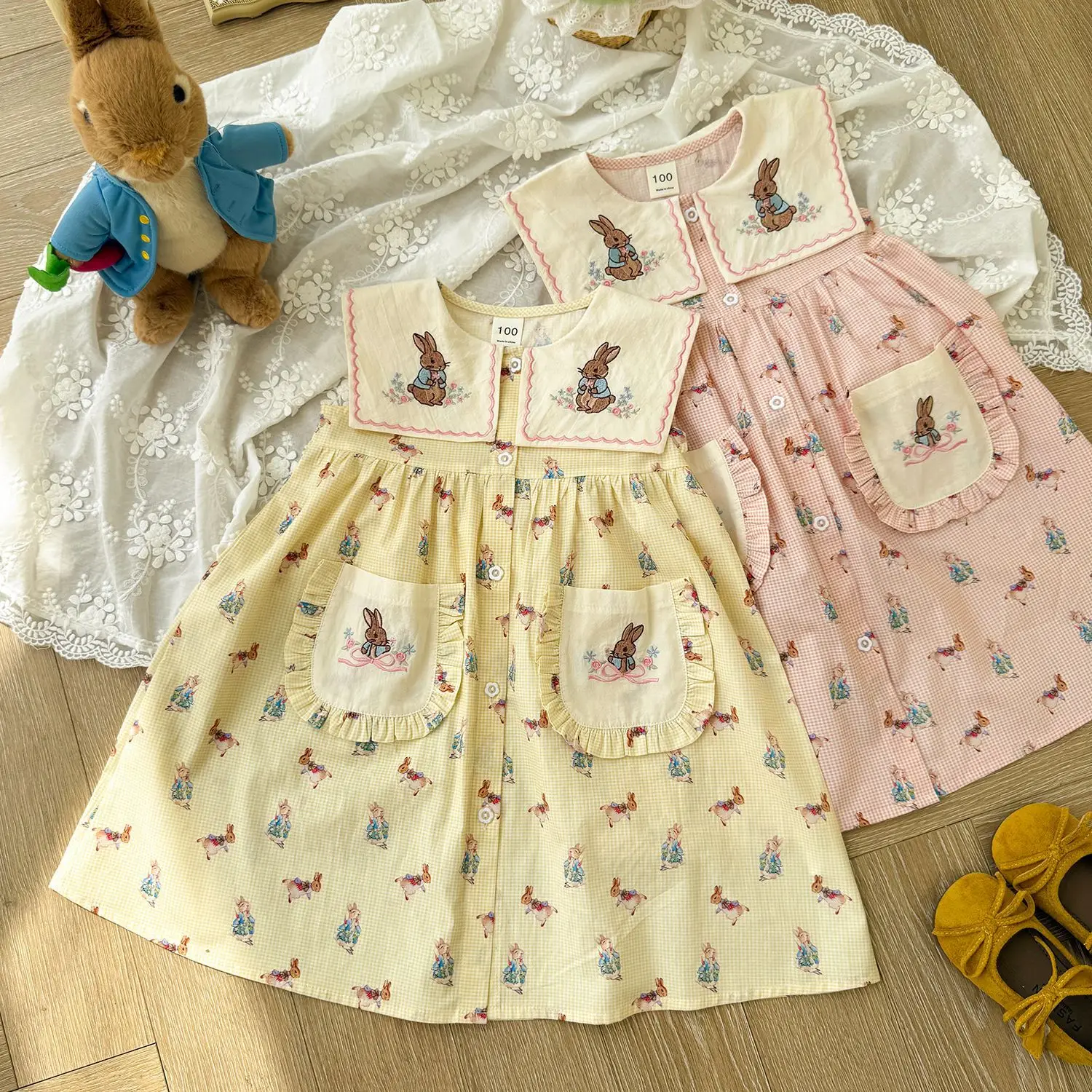 

Rabbit Embroidery Lapel Girls Dress 2026 Summer Printed Sleeveless Children's Dress