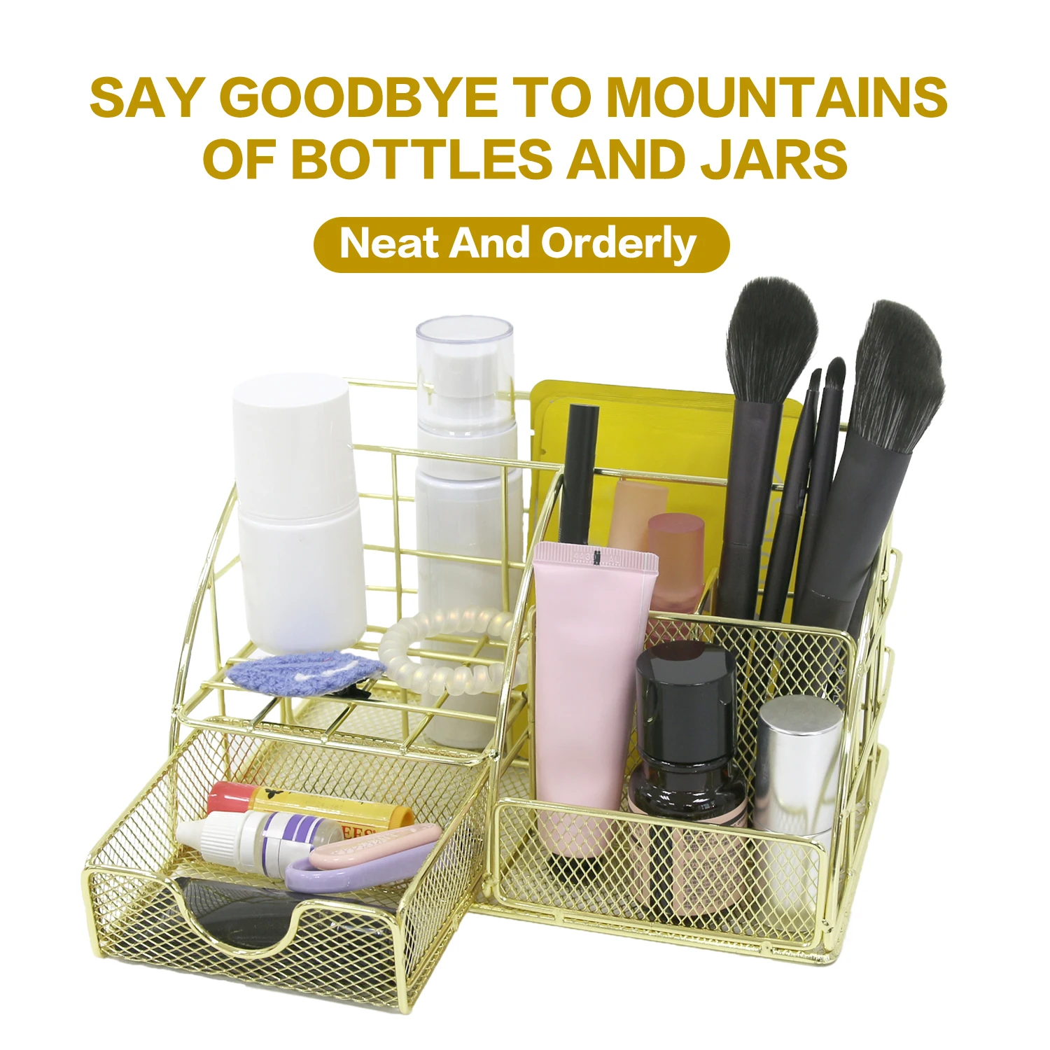 منظم سطح المكتب المعدني الذهبي، شريط ملفات متعدد الوظائف، رف تخزين اللوازم المكتبية، حامل القرطاسية ومستحضرات التجميل، مدمج F