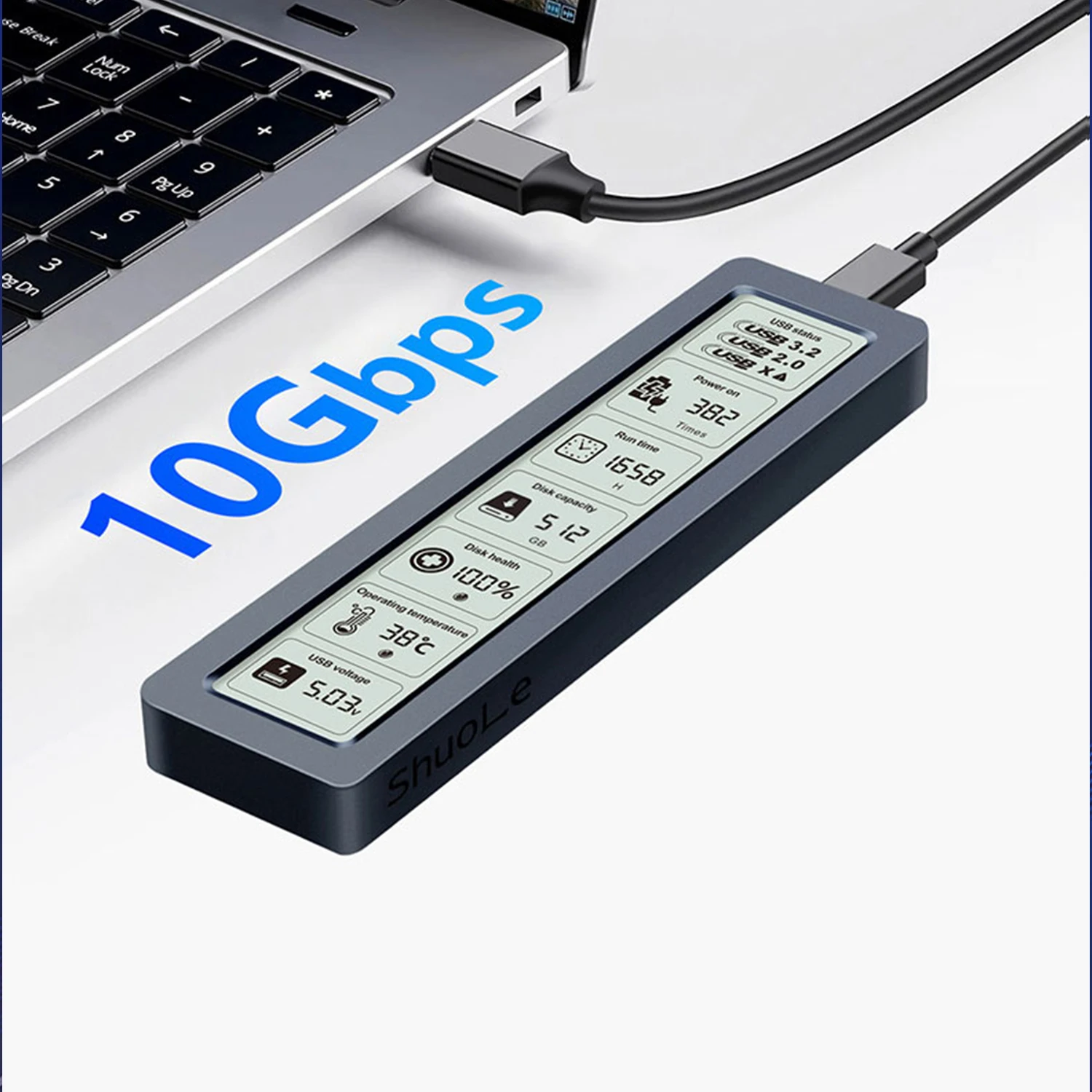 Intelligent Digital Hard Drive Box, External Shell with Display Screen, Solid-State, NGFF, NVMe, 10Gbps Protocol, Large Screen