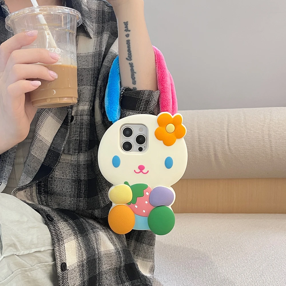 Japan Ins Rainbow Bunny Rabbit Weiche Silikonhülle für iPhone 16 15 14 13 12 Pro Max 3D Cartoon stoßfeste Abdeckung mit Riemenohr – Detail 6