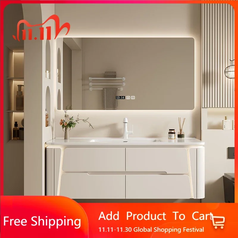 

Modern Mirror Bathroom Cabinet Ceramic Integrated Basin Wash Cabinet Combined Intelligent Sensor Light Badschrank Furniture