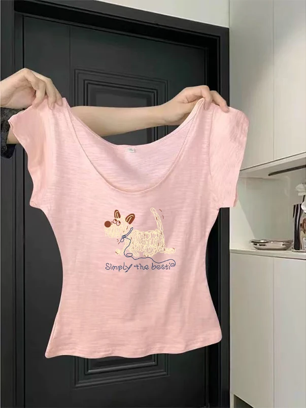 Pink Micro Transparent Spicy Girl U-Neck Short Sleeve T-Shirt Women's Summer Design Unique Stylish Super Beautiful Top