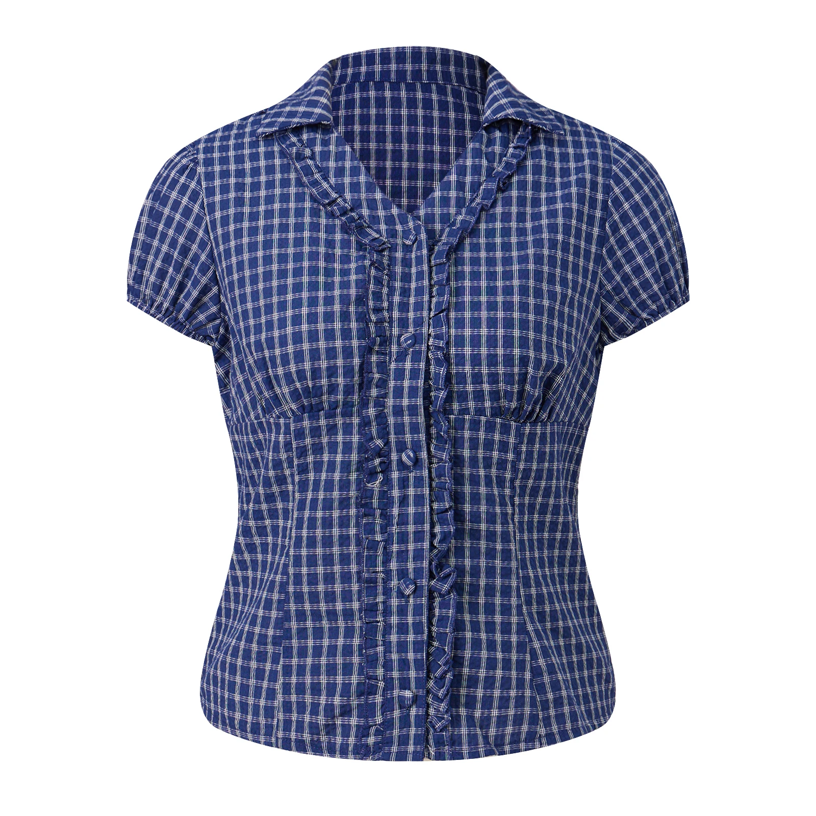 Damskie letnie bluzki crop top w stylu vintage z nadrukiem w kratę, zapinane na guziki, Harajuku, z krótkim rękawem, dekoltem w serek, falbankami, dopasowane, podstawowe koszule, bluzki, odzież uliczna