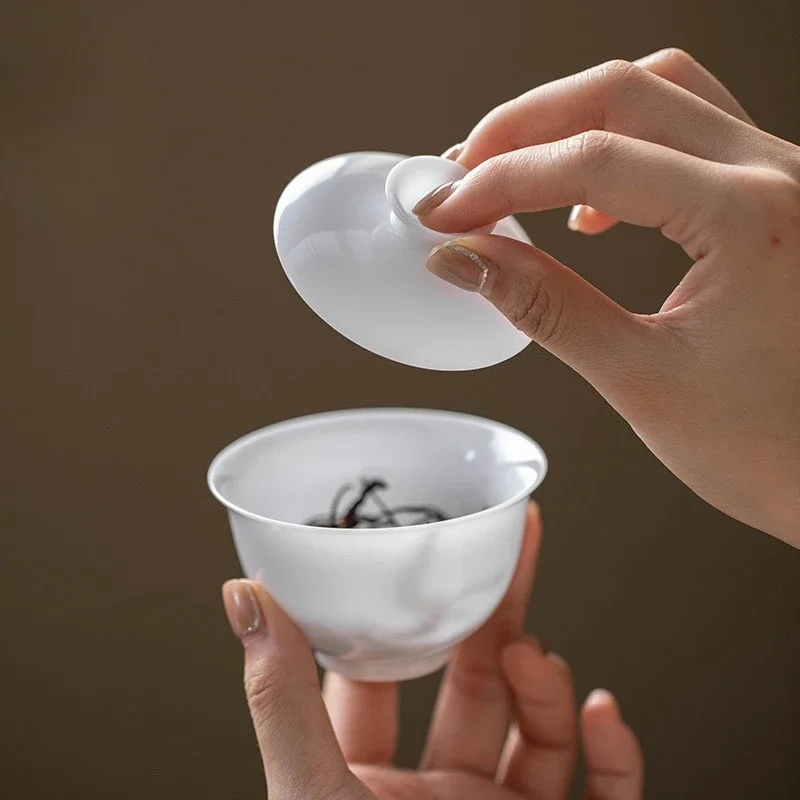 Suet Jade Ice Seed Small Cover Bowl Household Ceramic Tea Bowl High-end Not Hot Ercai Tea Bowl Kung Fu Teacup Tea Maker Gaiwan