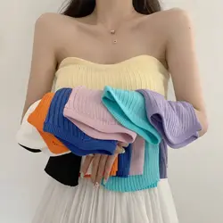 Womens 2024 Tube Tops Colorful Summer Sweater Knit Bandeau Strapless Ribbed Knit Sleeveless Y2K Corset Crop Top