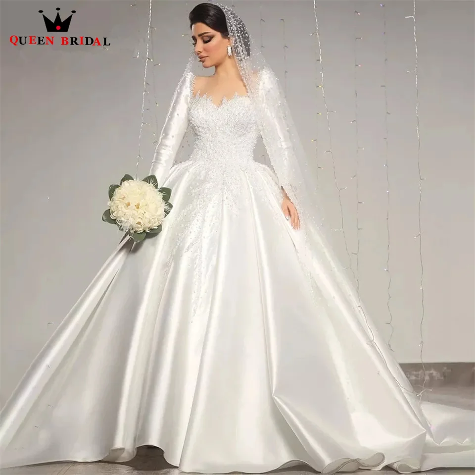 

Exquisite Charming Dubai Satin Pearls Wedding Dress Beaded Scoop Neck Saudi Arabia Bridal Gowns Vestido De Noiva Custom QW16