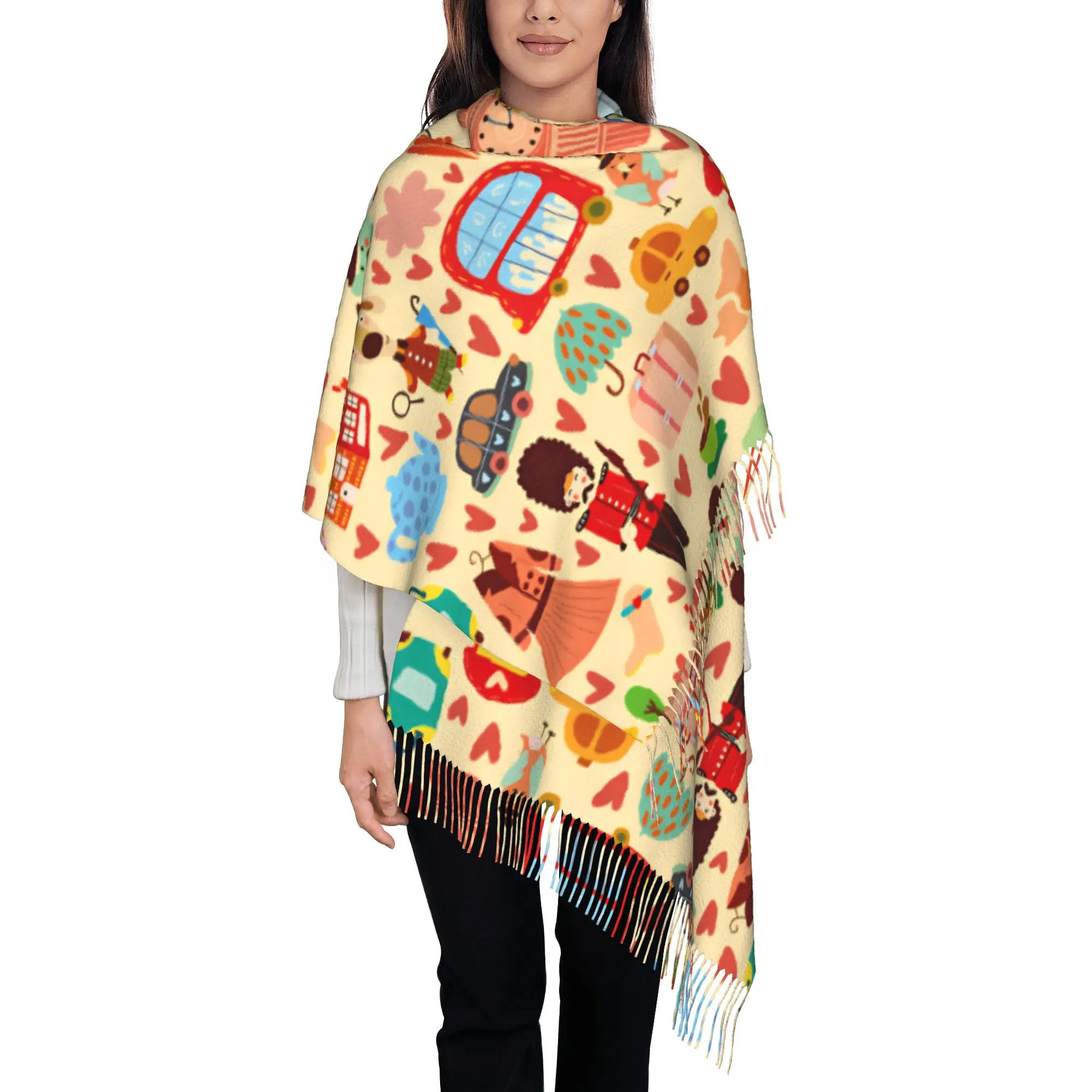 Custom Cute Animal London Kids Travel Doodle  Tassel Scarf Women Soft  Shawl Wrap Female Winter Fall Scarves
