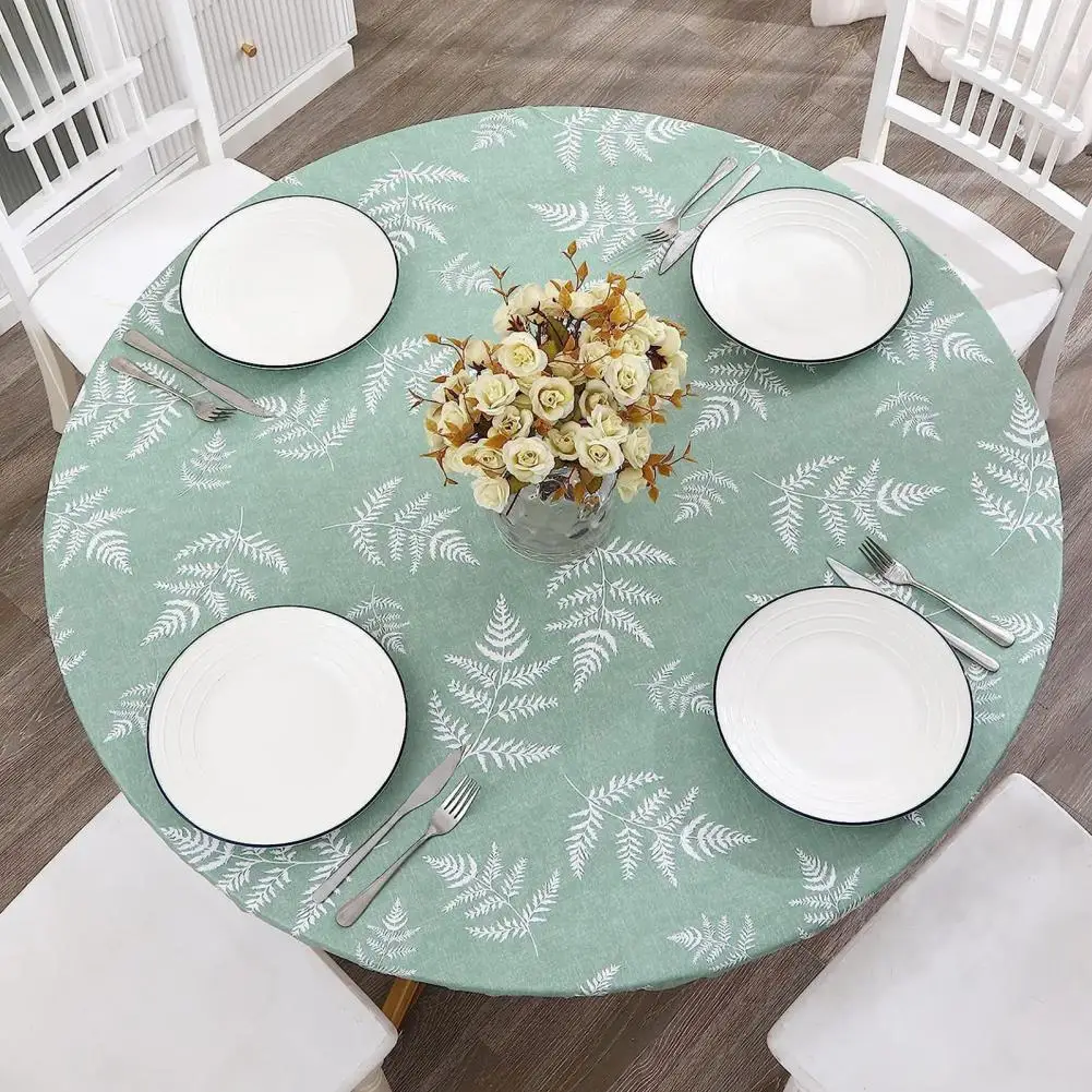 Flannel Back Tablecloth Nordic Style Leaf Print Round Table Cover with Flannel Backing Waterproof Anti-slip for Banquets