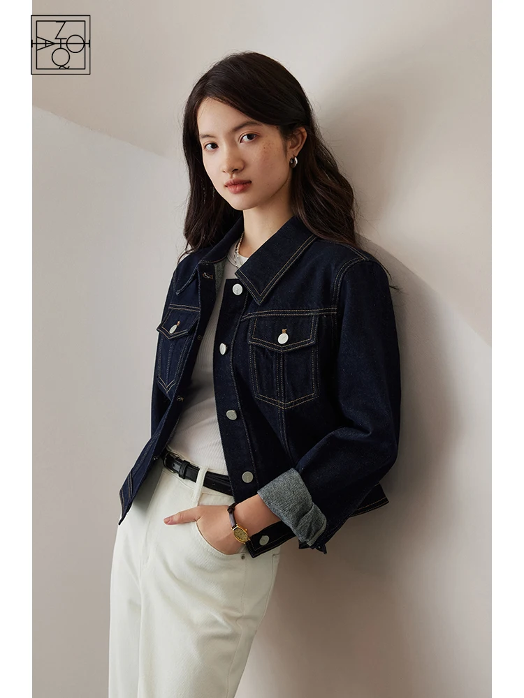 ZIQIAO Casual Style Retro Dark Blue Denim Jacket for Women 2023 Autumn Newly Loose All-match Commuter Short Jacket Coat Female