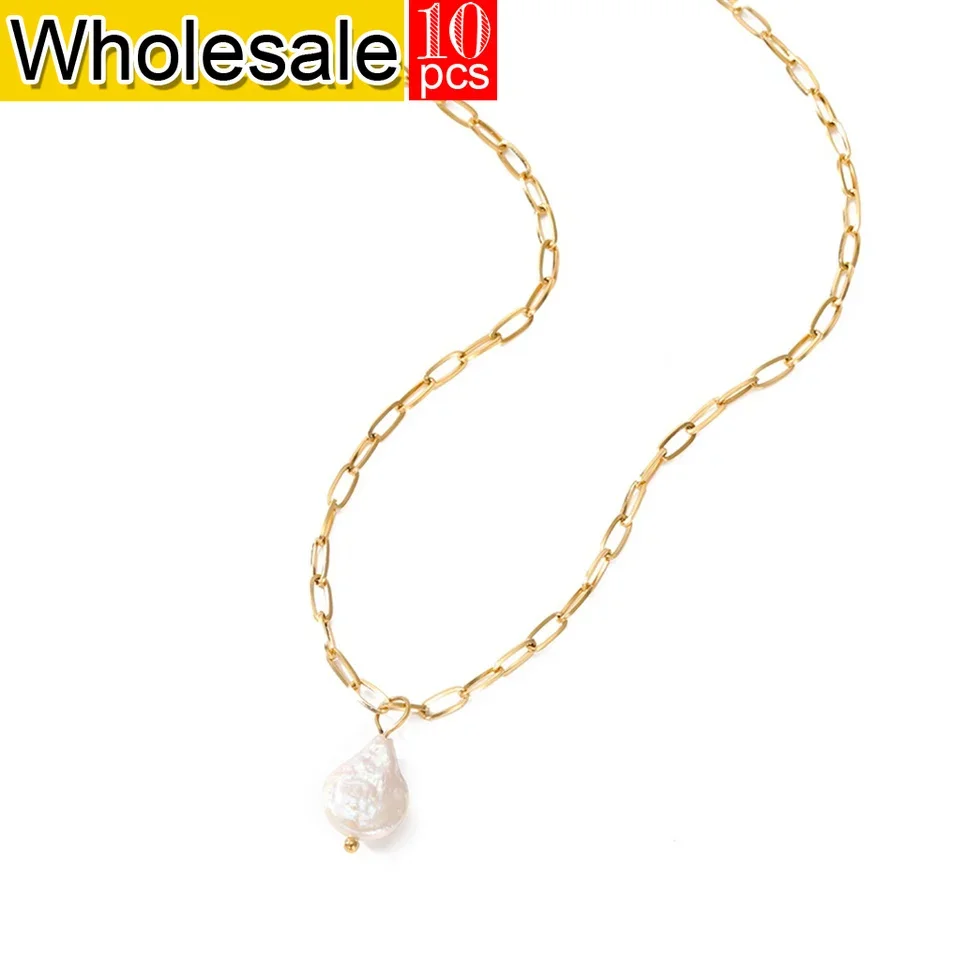 10PCS Ladies Freshwater Pearl Pendant Necklace Fashion Stainless Steel Gold color Jewelry Rectangular Chain Gifts Wholesale