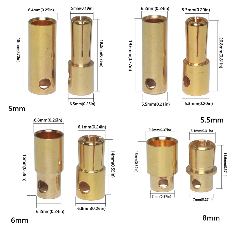 【1Set】Pure copper gold-plated banana plug 2.0/3.0/3.5/4.0/5.0/5.5/6.0/8.0mm for motor and ESC