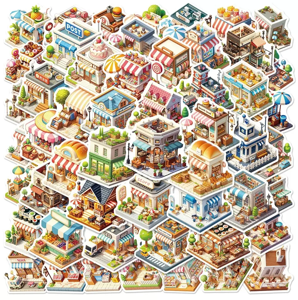

10/50PCS Cute Funny 3D View Micro Cabin Store Stickers Aesthetic Kids Diary Laptop Phone Water Bottle Notebook Waterproof Decals