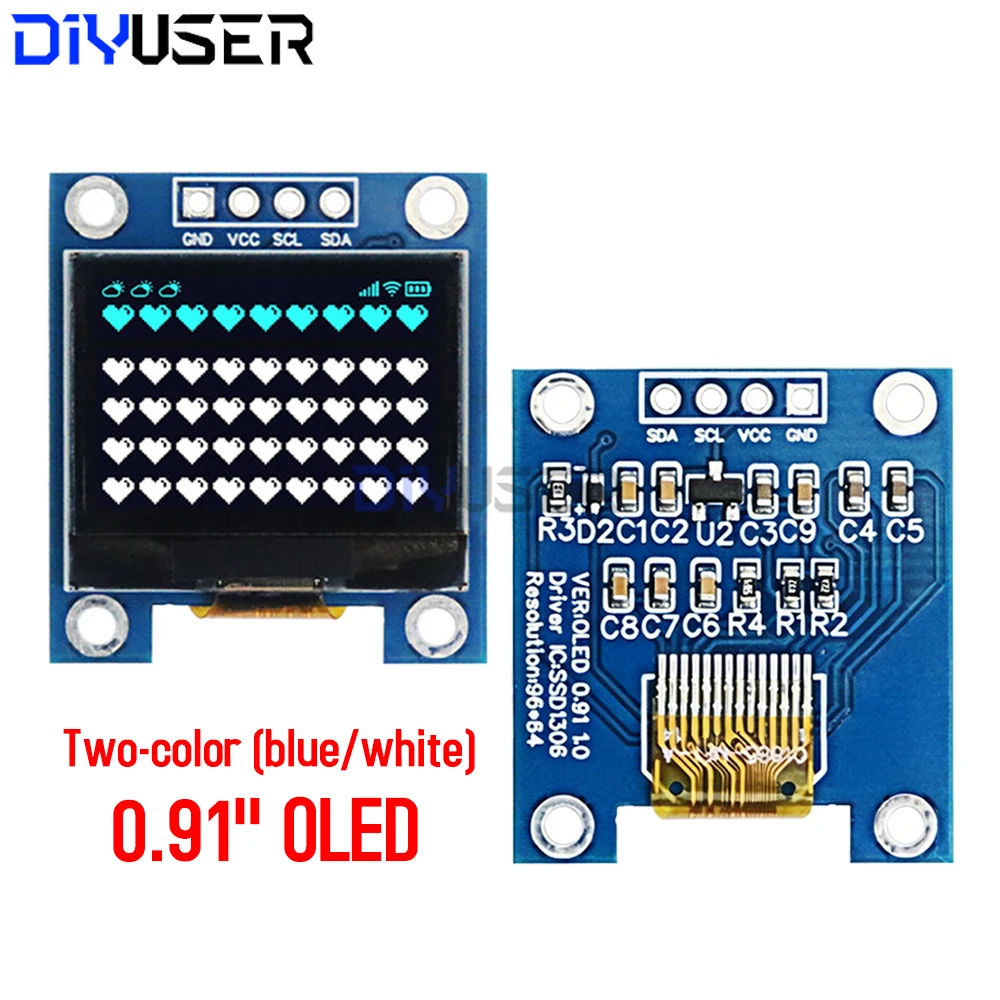 0,91-Zoll OLED-Displaymodul SSD1306, 96x64 Kleiner Bildschirm, Zweifarbig Blau/Weiß, I2C-Schnittstelle 4-Pin LCD-Modul