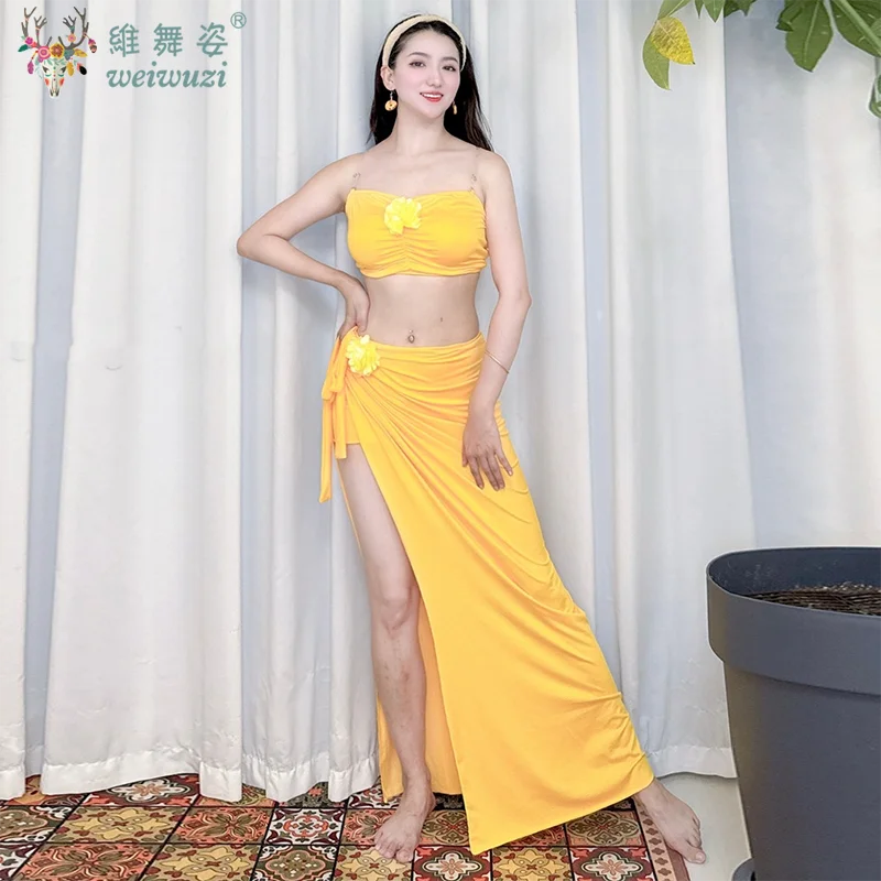 밸리 댄스 슈트 여성 성인 우아한 Strapless 탑 연습 옷 여성 셔츠 스플릿 롱 스커트 성능 의류 세트