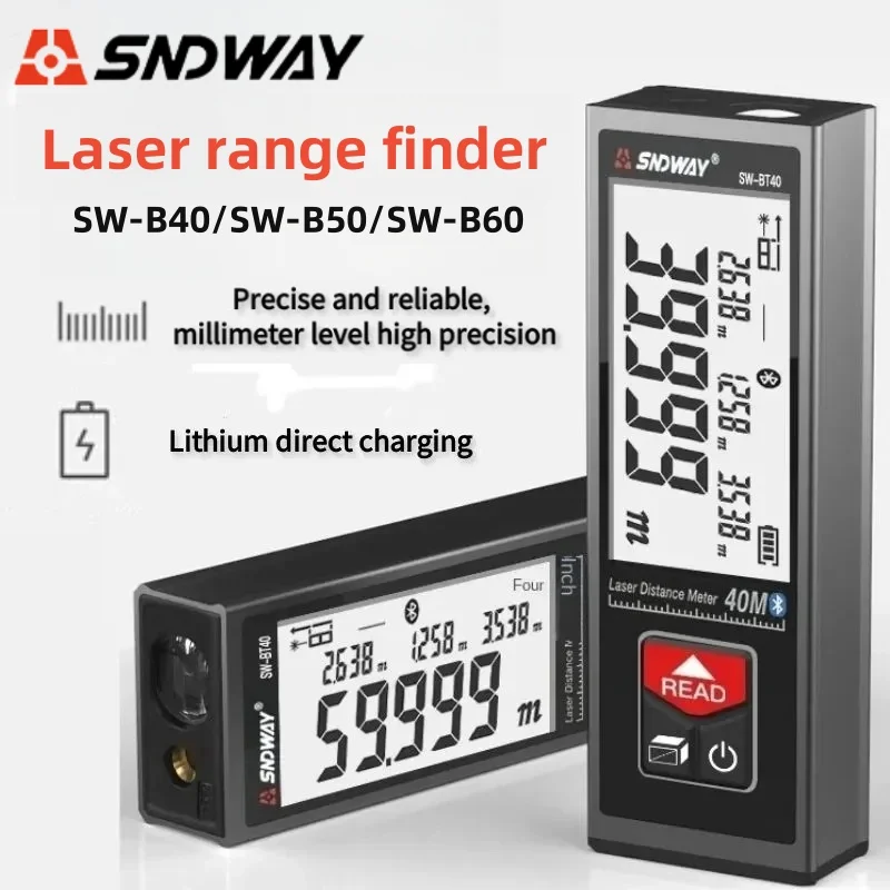 Sndway Mini Medidor de Distância a Laser Recarregável Rangefinder 40m 50m 60m Range Finder Eletrônica Roleta Trena Fita Medida Tester