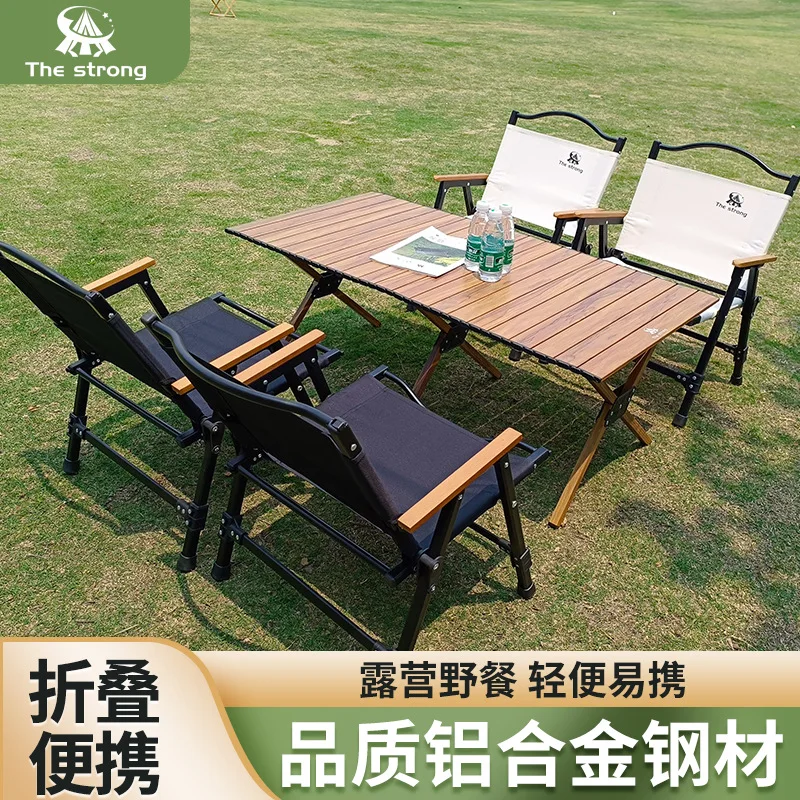 Outdoor Folding Table Portable Aluminum Alloy Egg Roll Table Picnic Table and Chair Set Camping Full Set of Equipment