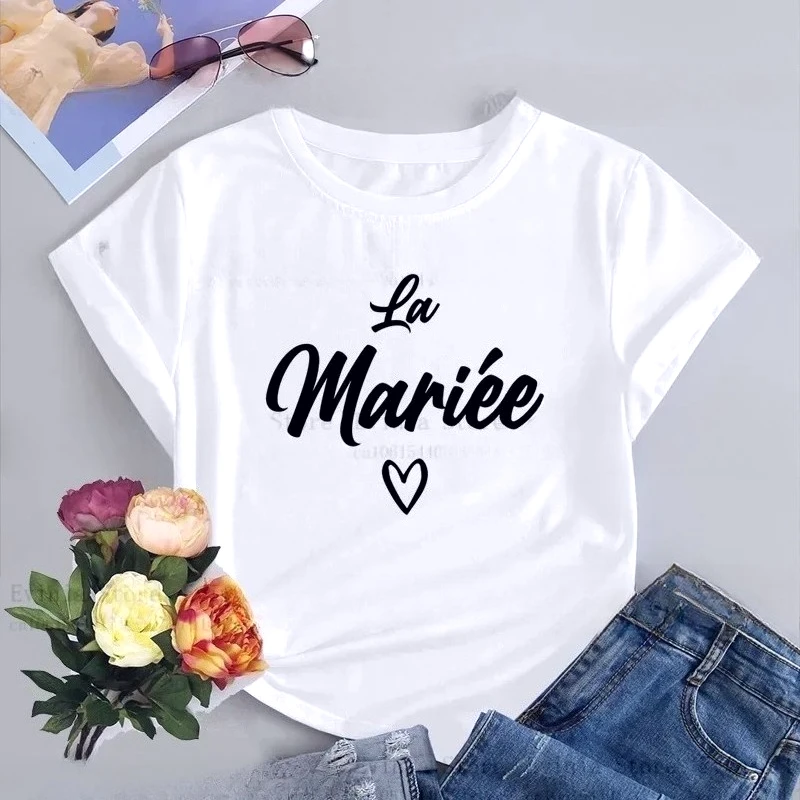 Team De La Mariee French O-collar Short Sleeved T-shirt Girl Wedding Party Team Bride Bachelorette Wreath Women Evjf Tee Shirts