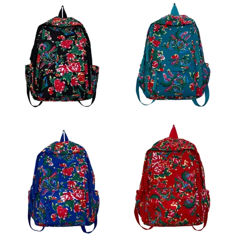 Mochila estilo chino, bolso escolar con estampado flores grandes capacidad