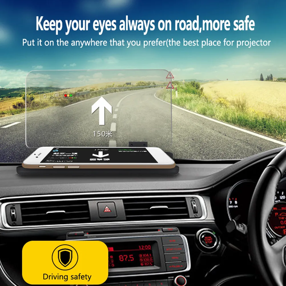 Hard Organic Glass Head Up Display Phone Holder Car GPS Navigation Reflector 6 Inch Flexible Mount Black Head Up Display