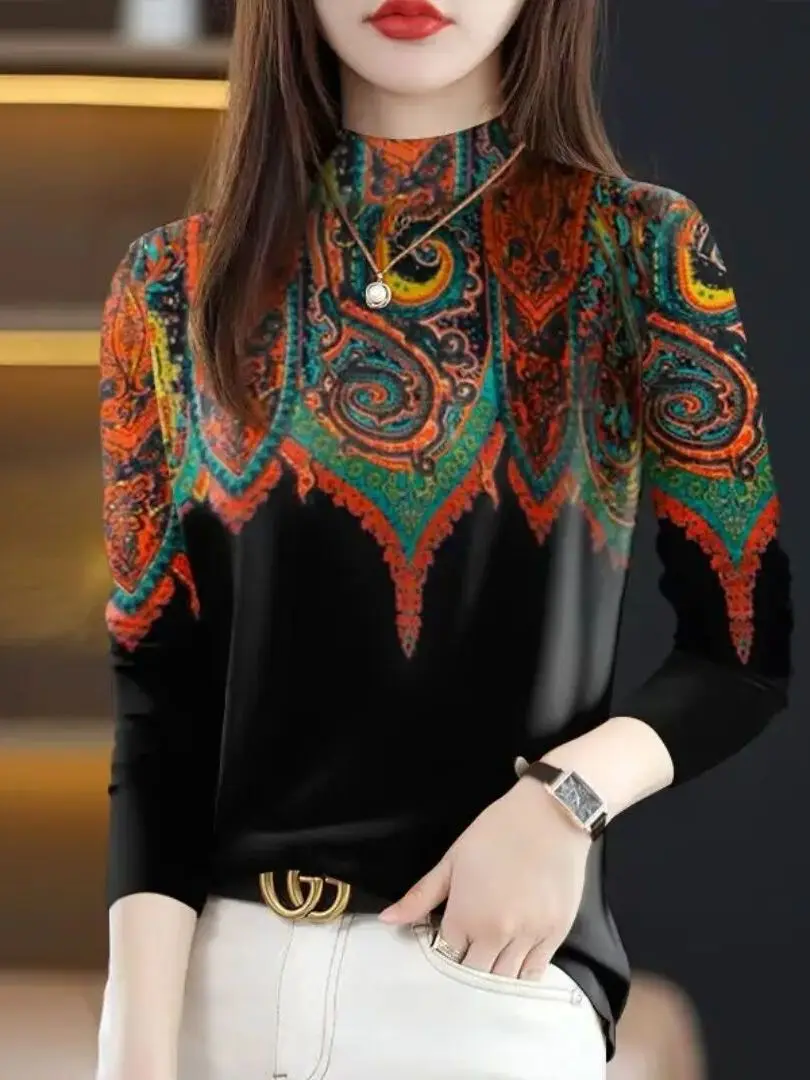 

Новая женская футболка Long Sve большого размера, весна 2026, антивозрастная, закрывающая живот, элитная модная этническая универсальная футболка для поездок на работу...