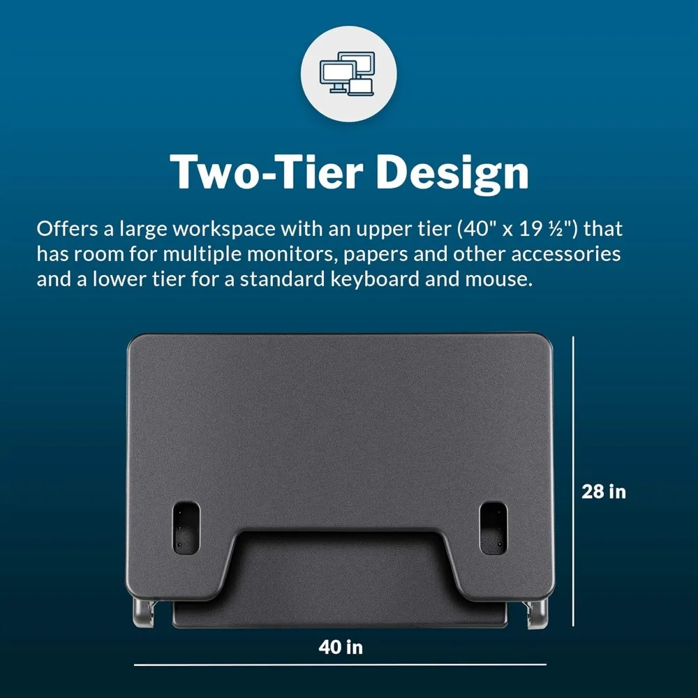 Convertidor de escritorio de pie 40 de ancho, 11 alturas ajustables, diseño de doble nivel, bandeja para teclado, se adapta a escritorios hasta 28 de profundidad