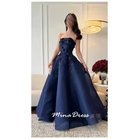 Mina Customized3D Flowers Arabic Evening Dress Luxury Evening Dresses 2025 Sleeveless Tube Top Elegant Party Dresses Woman Prom