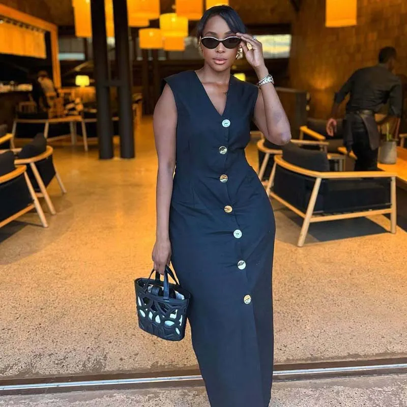 

African women's wearVCollar Sleeveless Vest Elegant Mid-Length Dress European and American plus Size Slim-Fit Figure Flattering