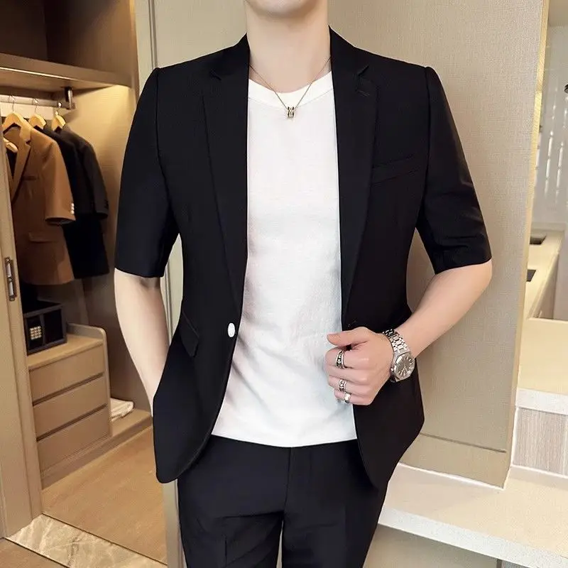 Men's Three Quarter Sleeve Blazer Lightweight Summer Slim Fit Casual Suit with Korean Style Edgy Stylish for Office or Party