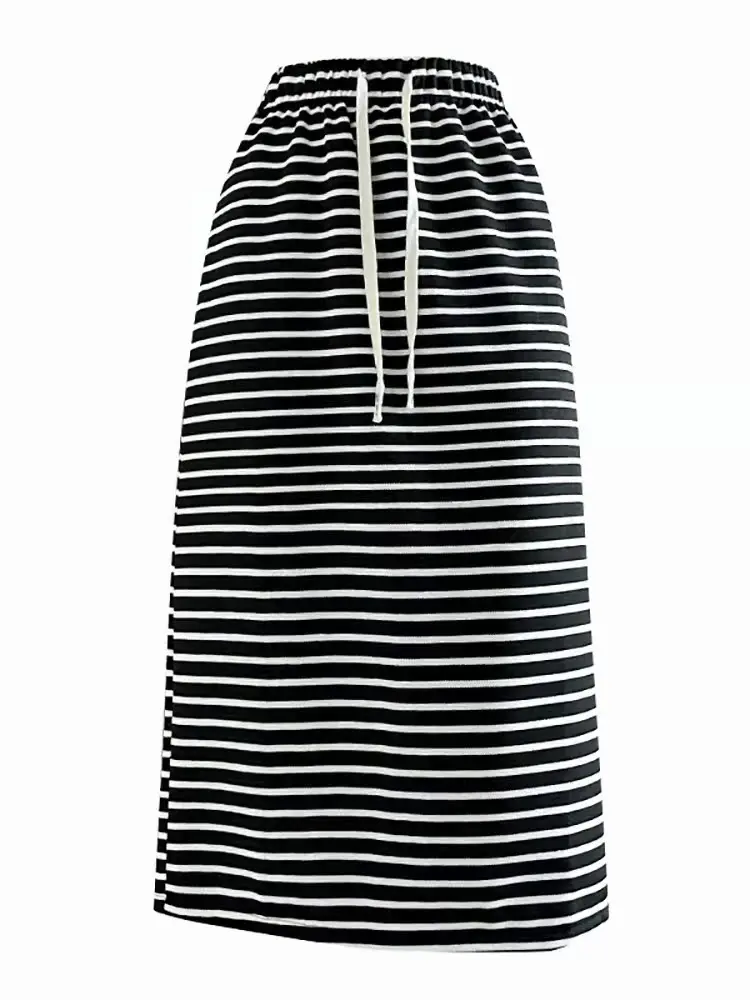 

Черная белая полосатая повседневная юбка средней длины с высокой талией и завязками, женская летняя новая юбка с эластичной резинкой на талии