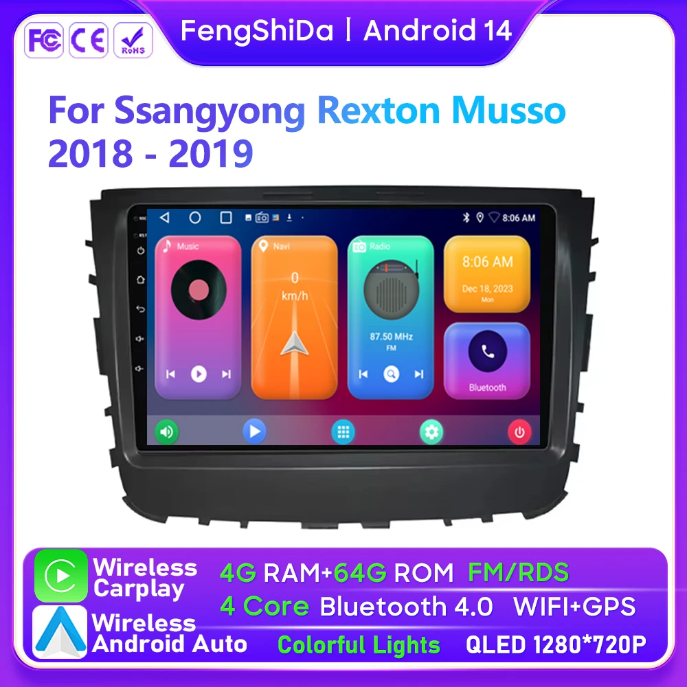 Android Auto For Ssangyong Rexton Musso 2018 - 2019 Car Radio Multimedia Player GPS Navigation Stereo Head Unit QLED WIFI BT