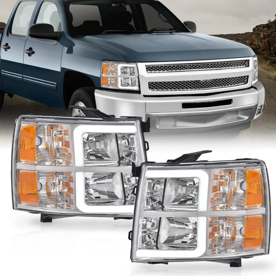 مجموعة مصابيح أمامية أنبوبية DRL LED للمصابيح الأمامية مع لمبة O متوافقة مع تشيفي سيلفرادو 1500 2007-2013 سيلفرادو 2500 HD 3500 H