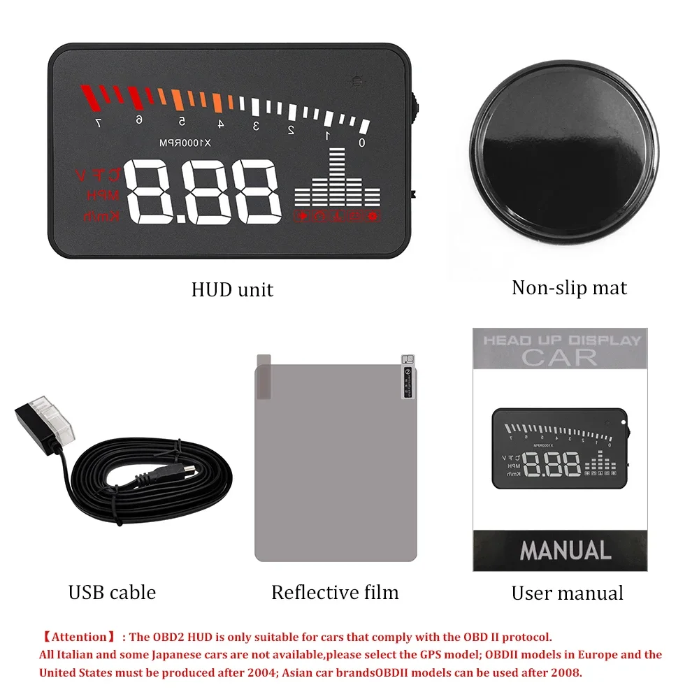 X5 سيارة HUD Obd2 رئيس يصل عرض الزجاج الأمامي العارض عداد السرعة RPM درجة حرارة الماء RPM الجهد Tacho السرعة الزائدة إنذار مخصص