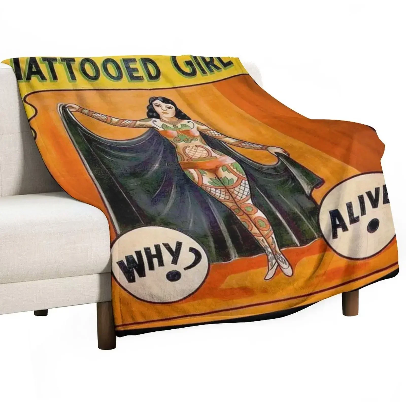 TATTOOED GIRL : Vintage Circus Sideshow Advertising Print Throw Blanket Flannels Designers Blankets