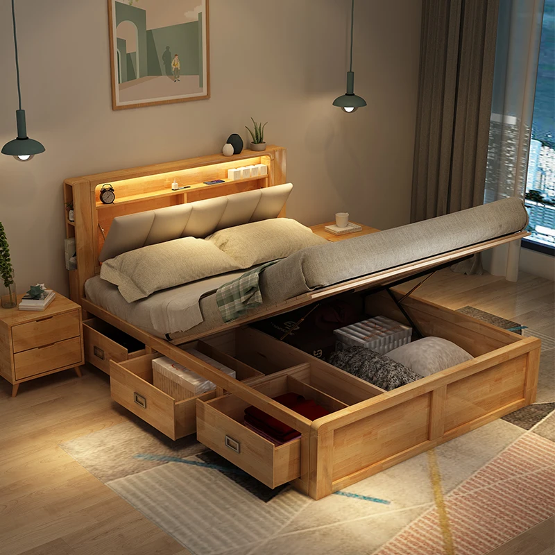 Full solid wood children's bed, small family single bed, high box storage bed, children's bed