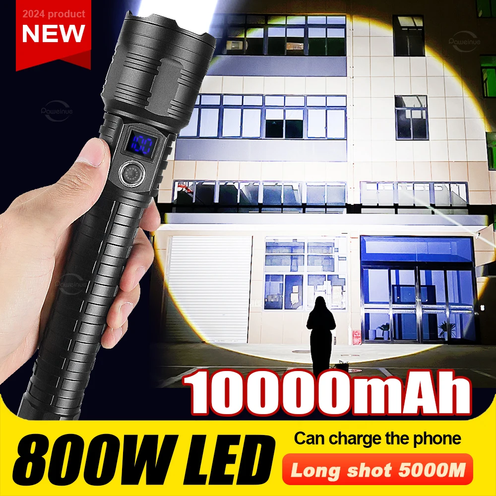 10000mAh High Power LED Flashlight Outdoor Waterproof Type-C Rechargeable Flashlight 5000M Super Bright Long Range Lantern Torch