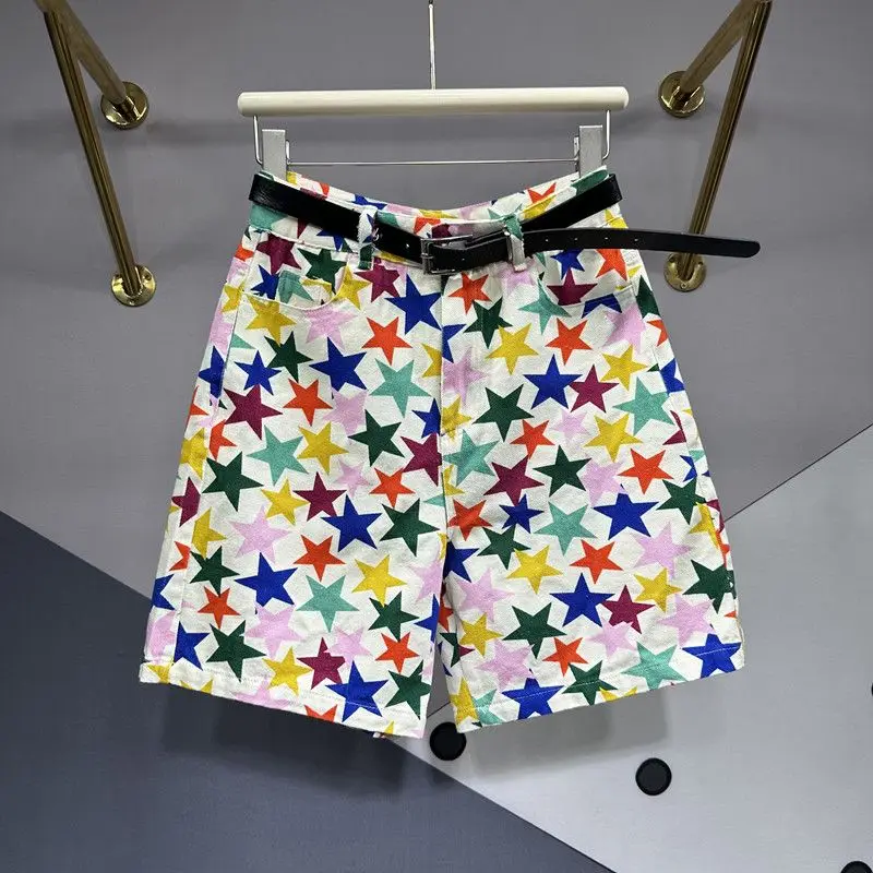 

Ladies New Fashion All-match High Waist Five Quarter Pants Summer Casual Multicolor Straight Women Clothes Printing Slim Jeans