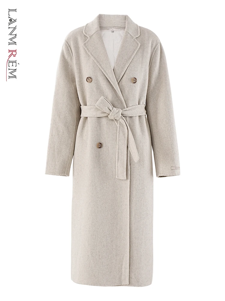 

LANMREM High End Wool Coats Double Breasted High Waist Handmade Woolen Coats With Belt Female Fashion 2024 Autumn Winter CPG1816