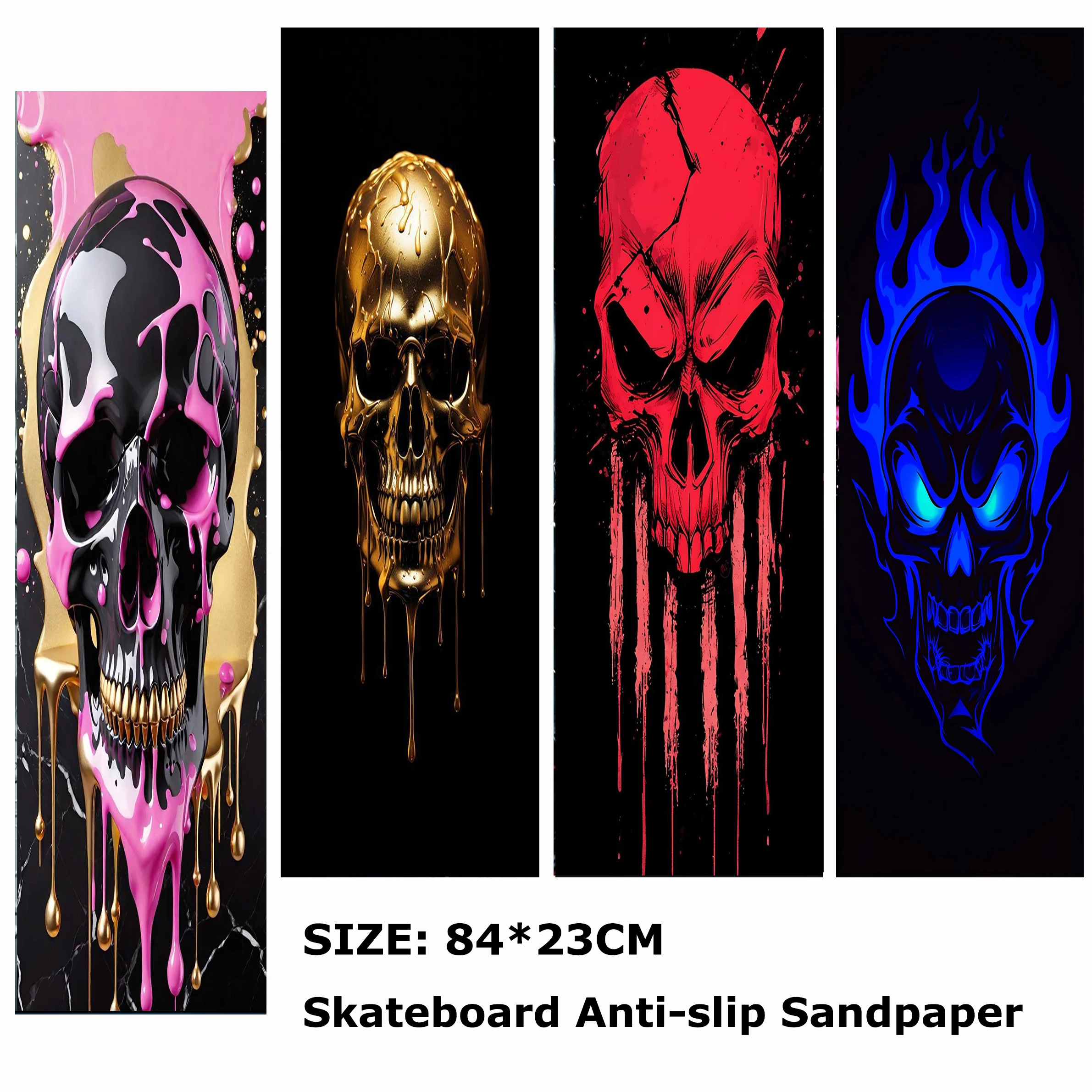 

Pink Cream Gold Red and Blue Skulls Pattern Electric Scooter Anti-slip Sticker Sandpaper Skateboard Grip Tape Sheet 84*23cm