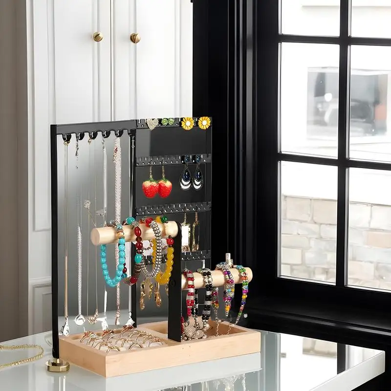 

Держатель для ожерелья-органайзер, 4-уровневая подставка для ювелирных изделий с металлическим каркасом, подставка для ювелирных изделий, декор для комнаты подростков, дизайн с деревянной основой, браслет
