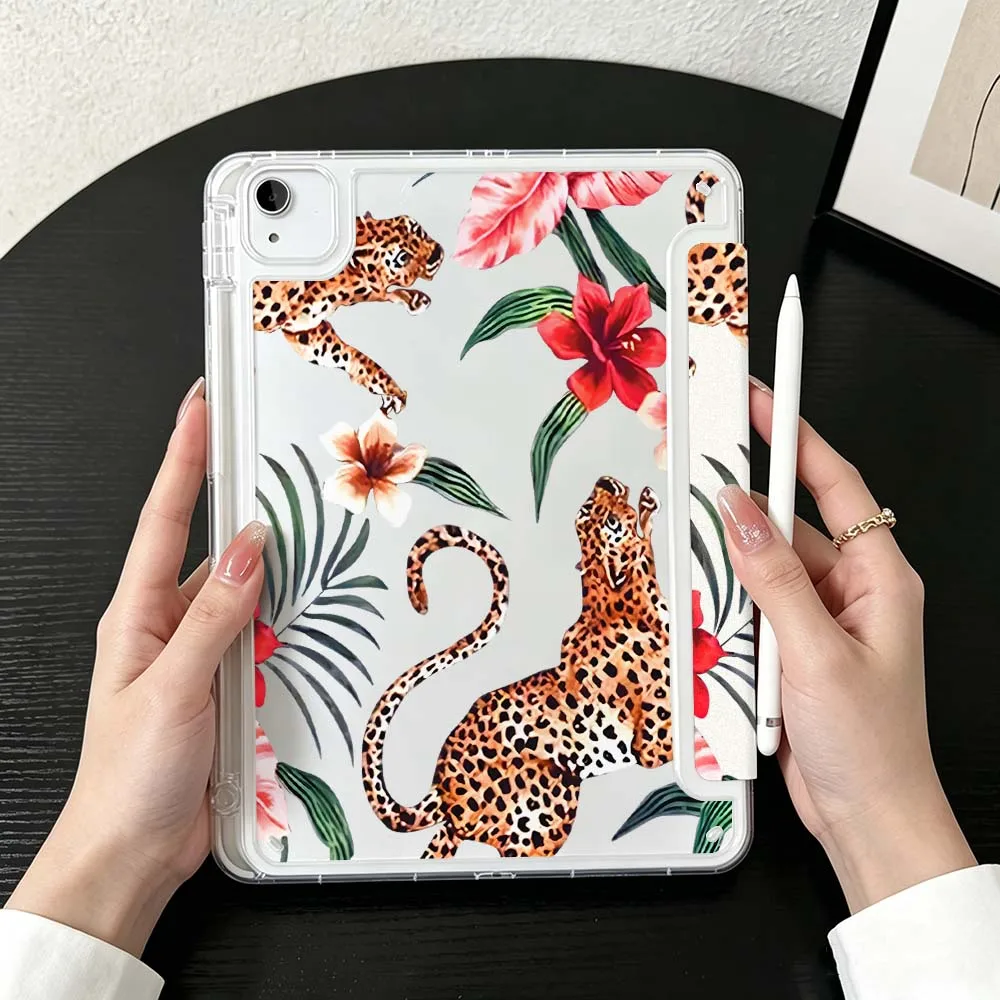 Leopard Seamless Case For iPad Mini Pro Air 5 6 7 8 9 10th 11th 11 9.7 10.9 13 inch Transparent Y-Shaped Folding Tablet