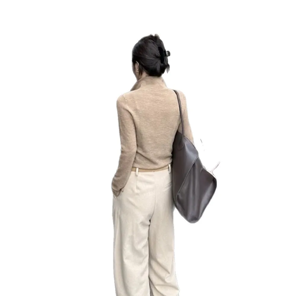 2026 New Autumn Winter Women Coffee Short Polo Collar Knitted Sweater Elegant Inner Basic Versatile Casual Daily Top 5