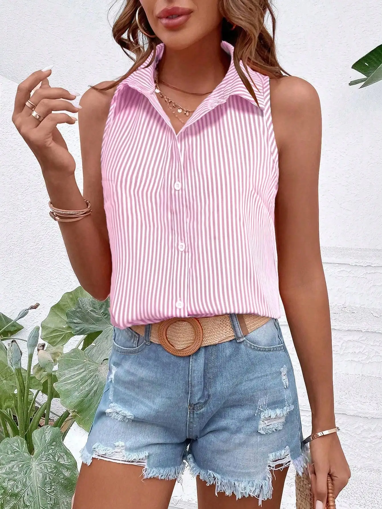 

Женская летняя повседневная свободная рубашка без рукавов в полоску