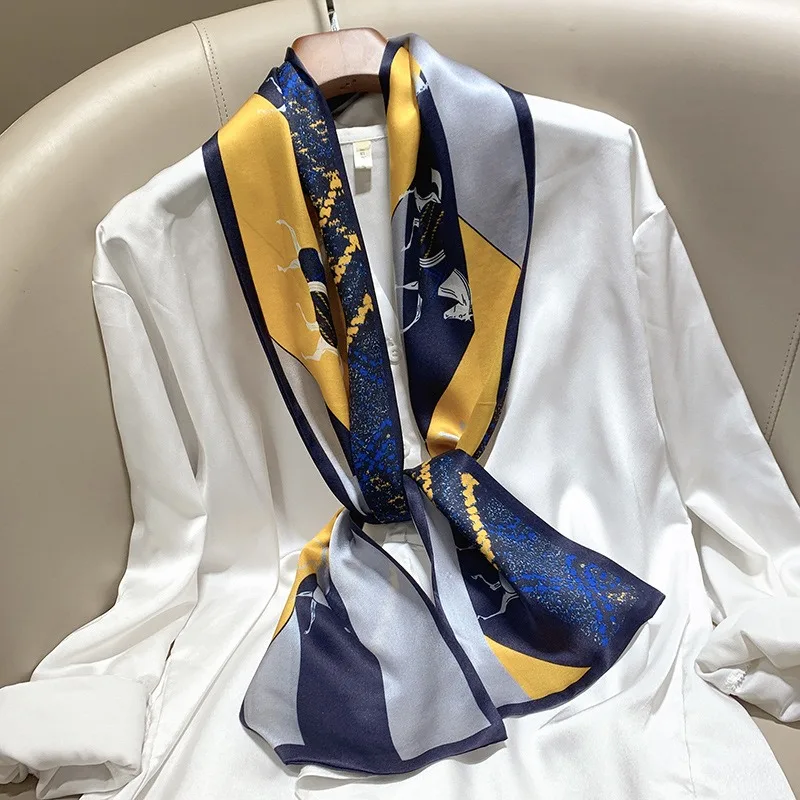 fashion-navy-yellow-geometric-print-satin-scarf-long-neck-scarves-for-women-versatile-neckerchief-for-bag-hair-tie-accessory