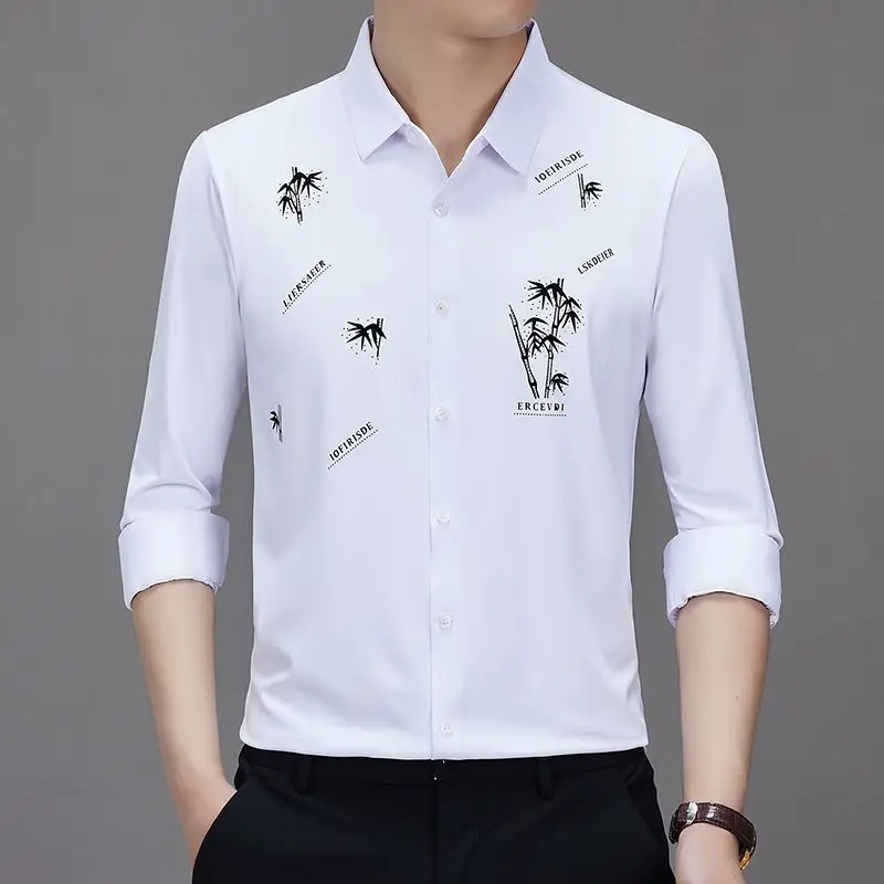 Winter Plus Fleece Men Long Sleeve Shirts Anti-Wrinkle Business Thicken Print Cootrast Color Lapel Ingle-breasted Casual Tops