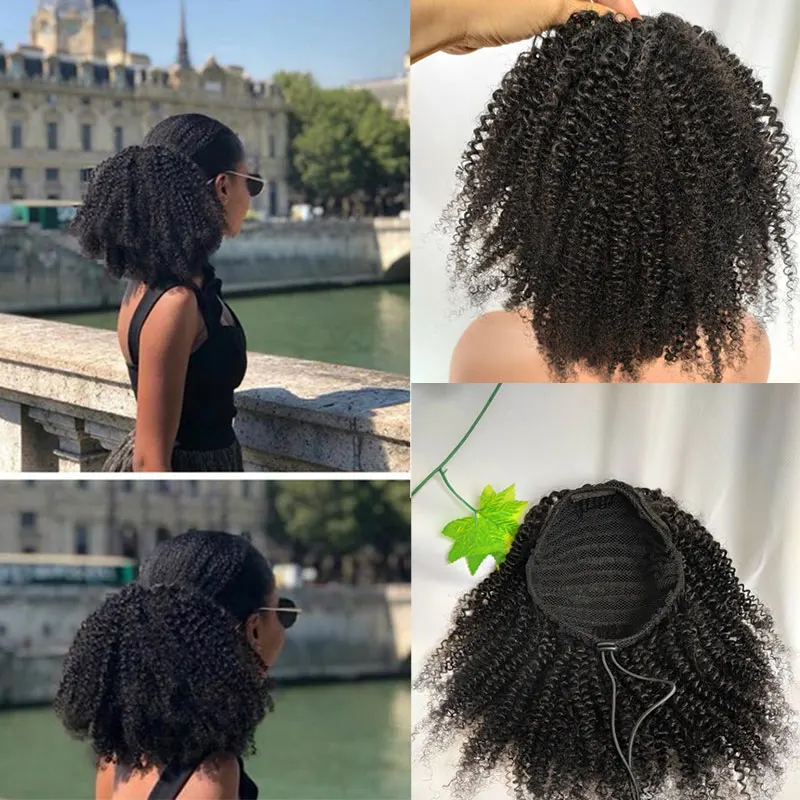 Rambut manusia pendek Afro Kinky keriting Ponytail rambut potongan untuk Afrika Amerika rambut poni Ekstensi UNTUK WANITA HITAM