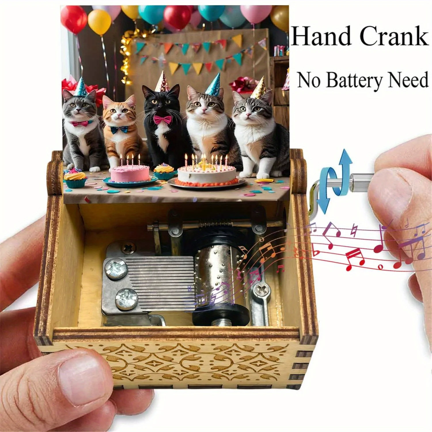 Vintage Wooden Hand Crank Music Box, Happy Birthday Cat Pattern, No Battery Needed, Cute Kitty Birthday Themed Musical Box Gift