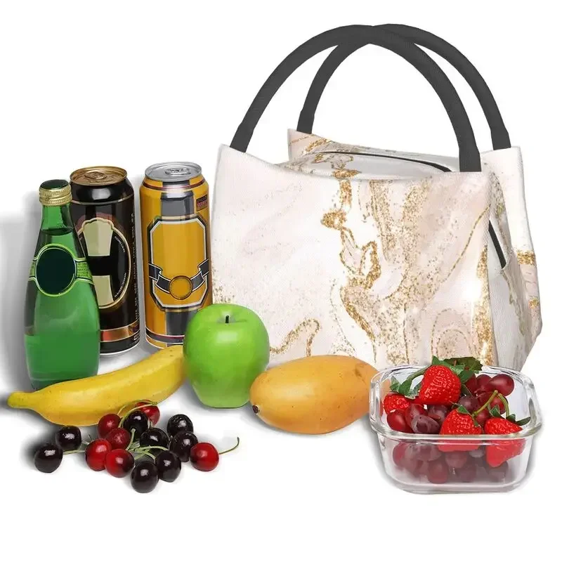 Marble Geometric Pattern Insulated Lunch Bags for Work Office Gold And Cream  Waterproof Thermal Cooler  Box Women image 6